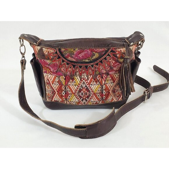 Artisan Guatemalan Shoulder Crossbody Bag Leather Embroidered Fall Autumn Colors - Picture 2 of 16